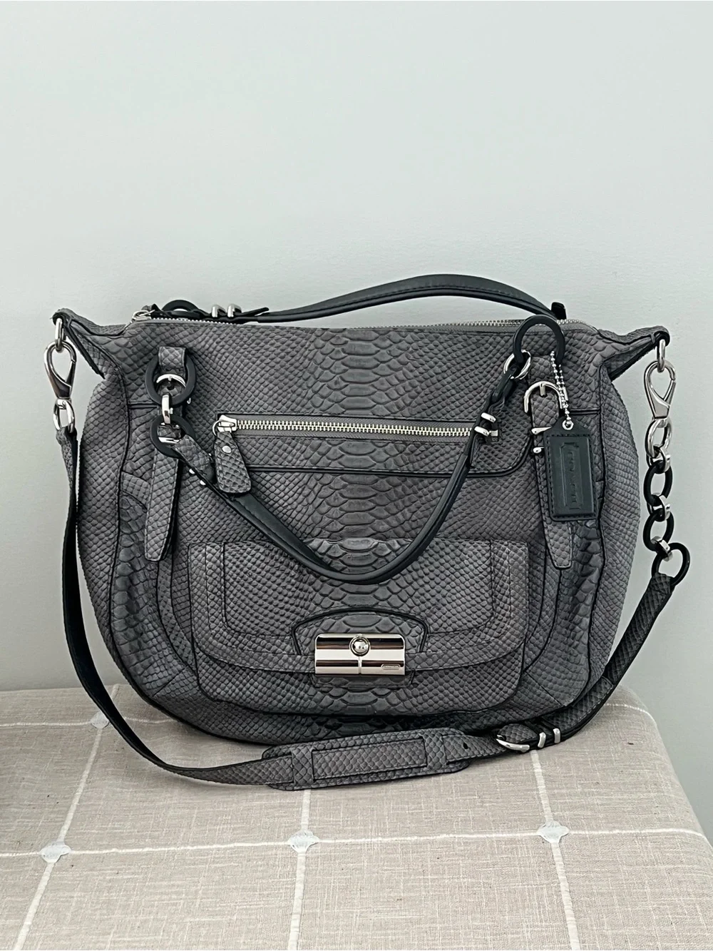 Coach Kristin Gray Python-Embossed  Bag with Silver Hardware F12938